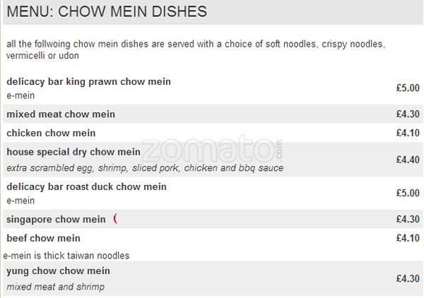 Delicacy Bar Chinese Takeaway menu