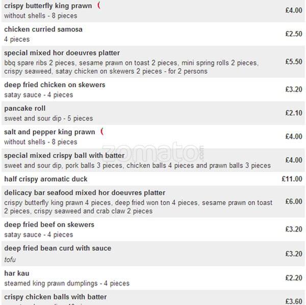Delicacy Bar Chinese Takeaway menu