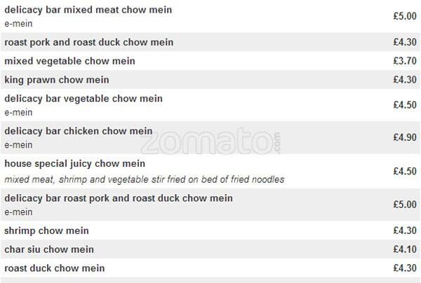 Delicacy Bar Chinese Takeaway menu