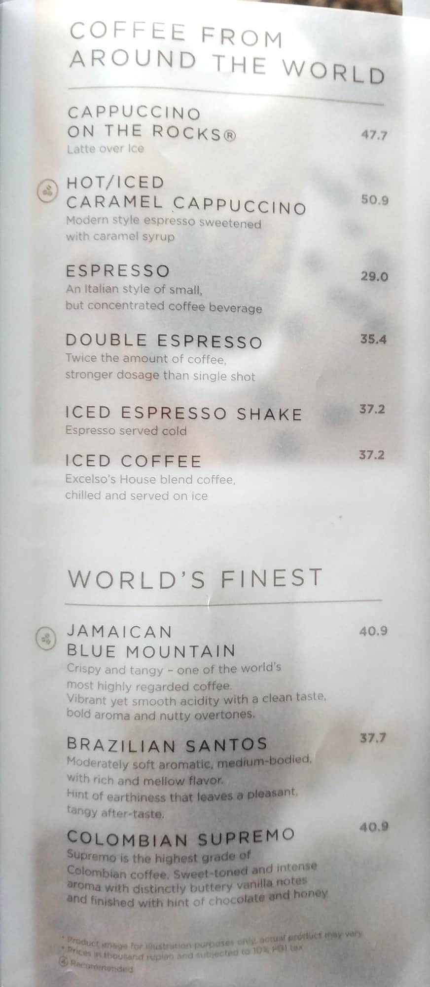 Menu at EXCELSO cafe, Jakarta, Mall Kelapa Gading 3 Lt. 1 Unit 1-50