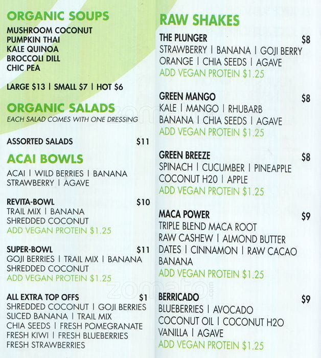 Revitasize Cold Pressed Juices Menu Urbanspoon/Zomato