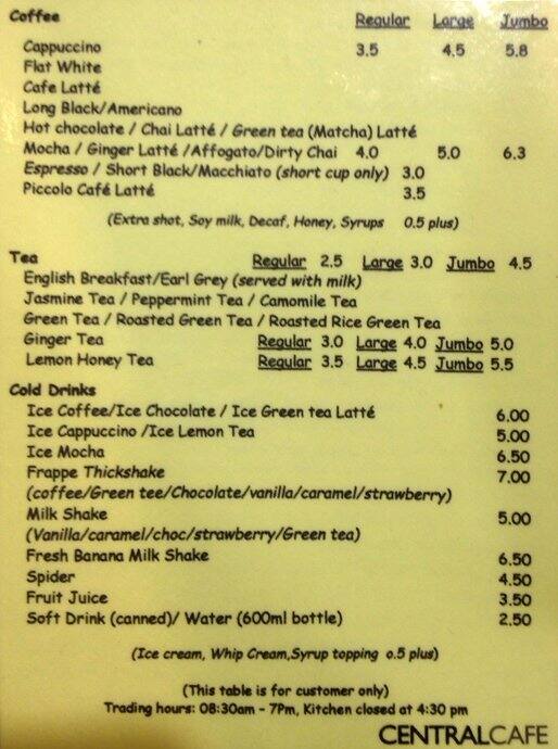 Central Cafe Menu