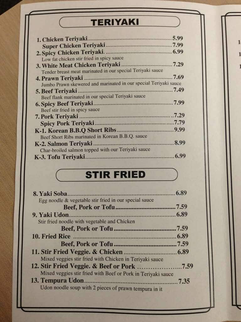 Menu at Manse Teriyaki restaurant, Monroe