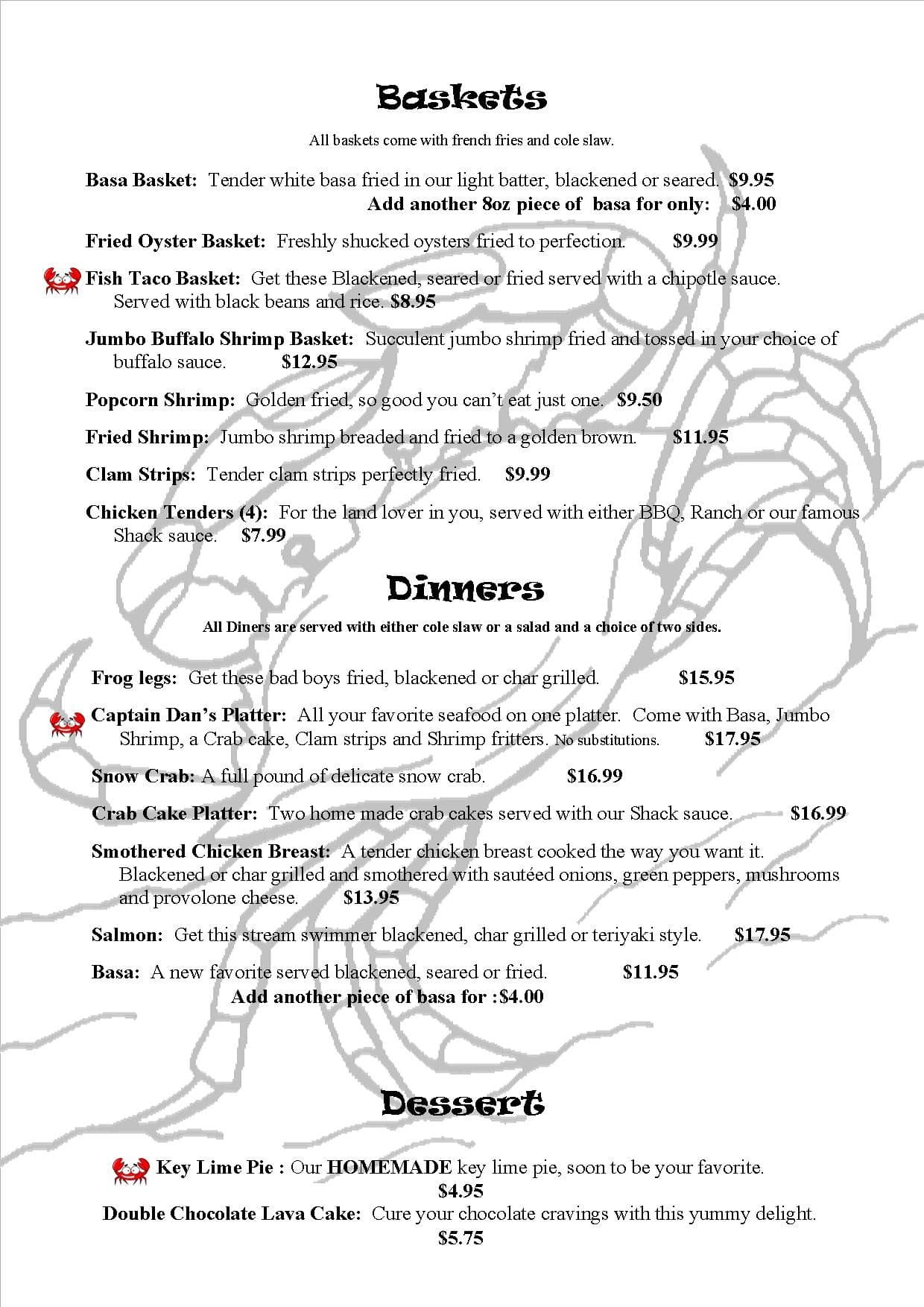 Menu at Crab Shack restaurant, Port Richey