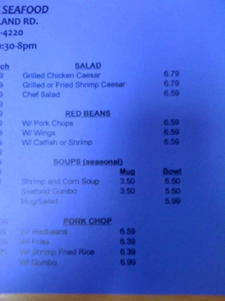 Menu at University Seafood restaurant, Baton Rouge