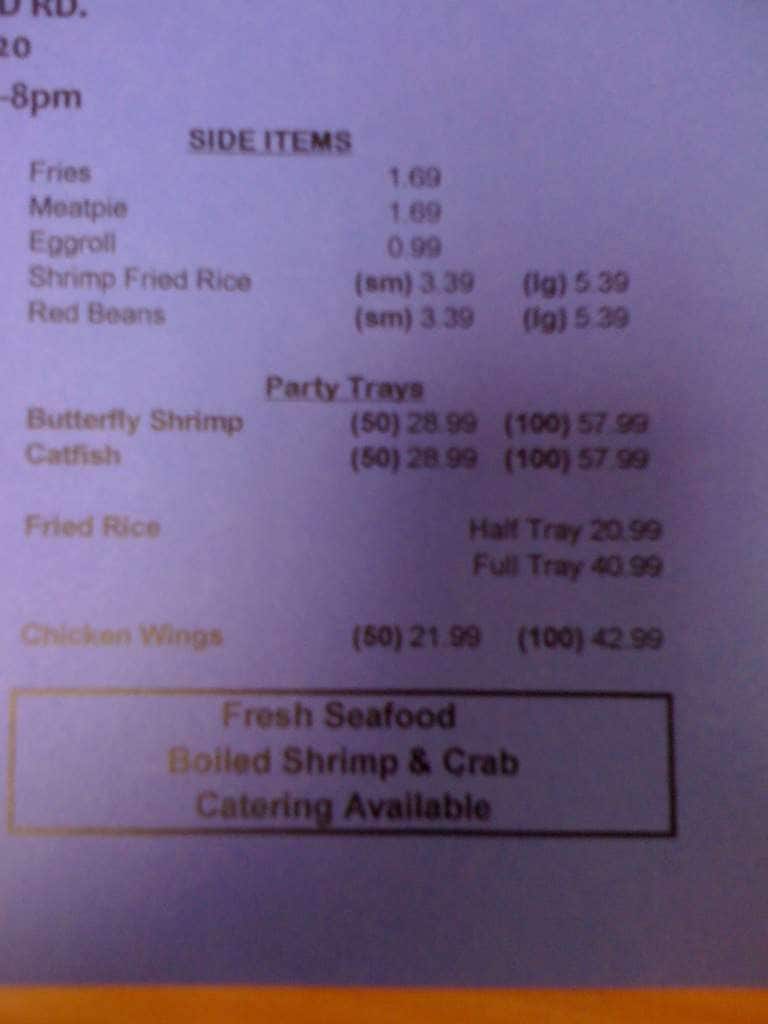 Menu at University Seafood restaurant, Baton Rouge