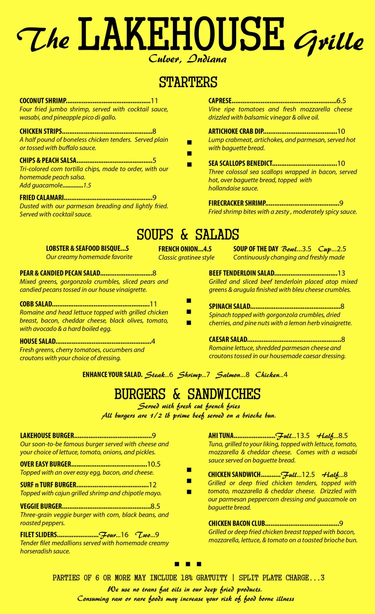 Menu At The Lakehouse Grille Restaurant Culver Menus Of Restaurants Nearby