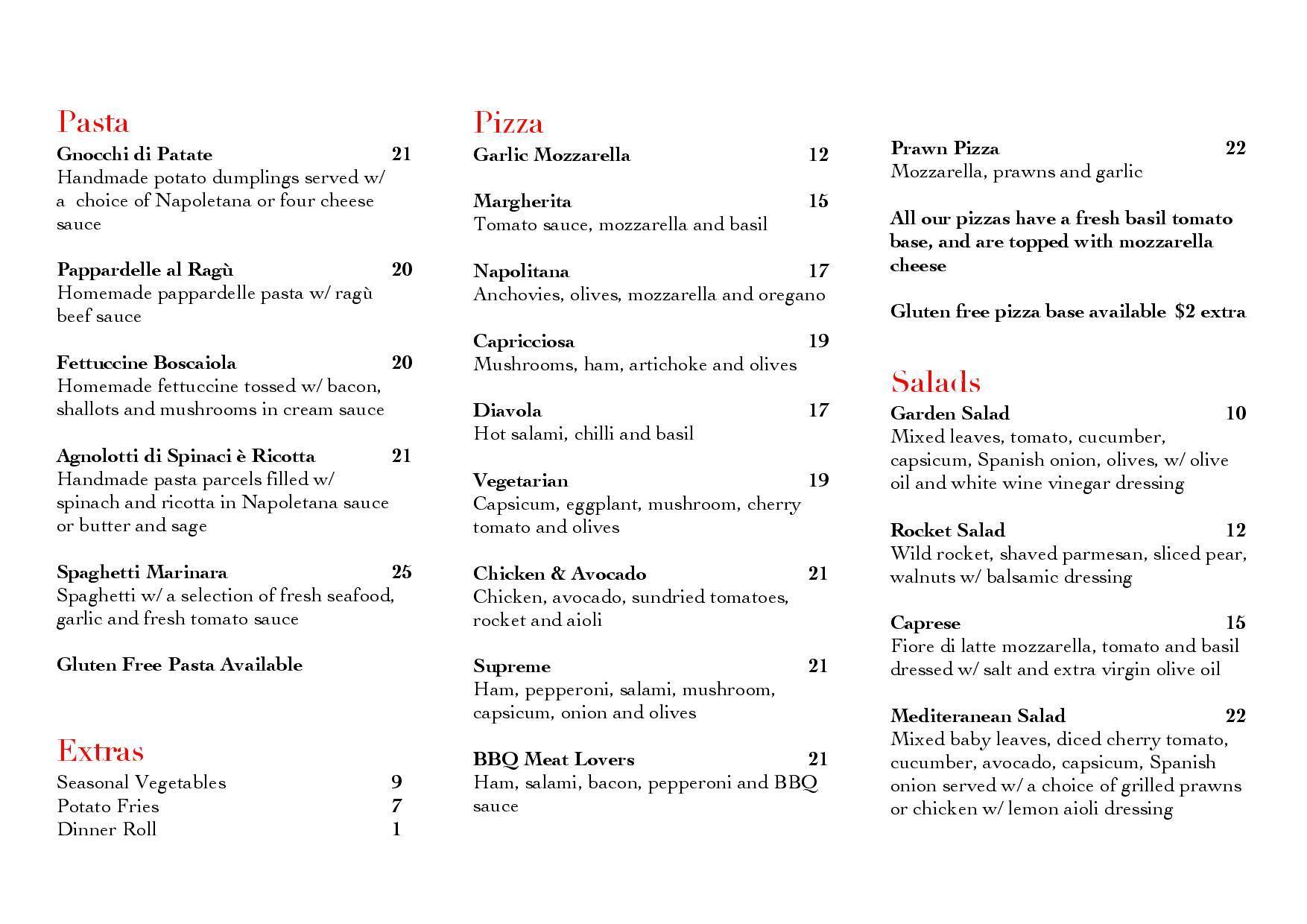 Menu at Il Sapore restaurant, Gregory Hills