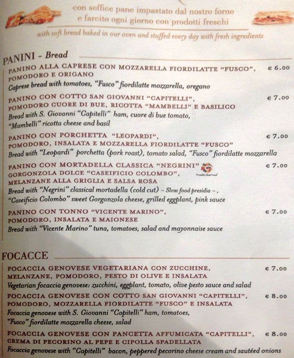 Menu di Eataly 