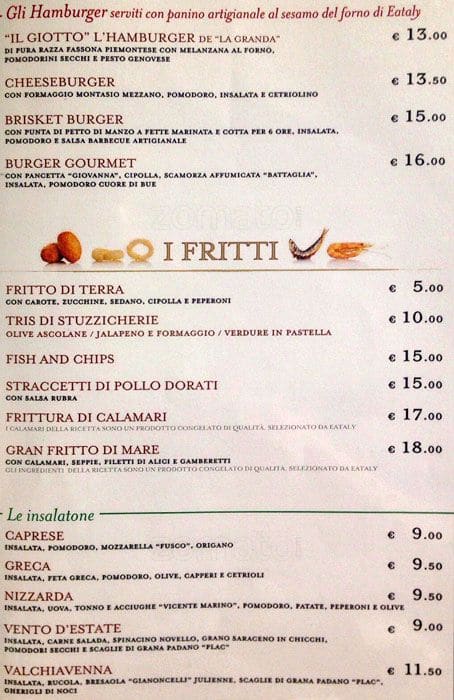Menu di Eataly 