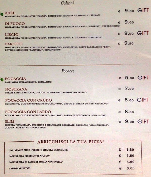 Menu di Eataly 