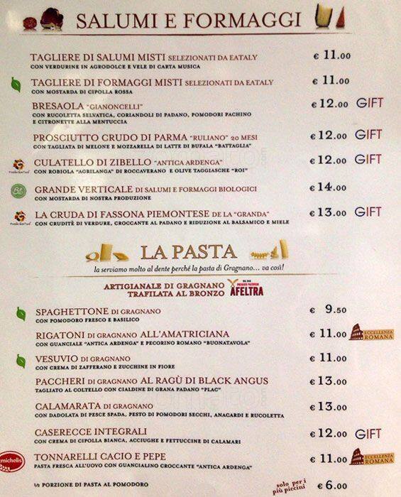 Menu di Eataly 