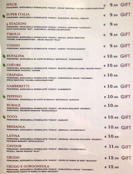 Menu di Eataly 