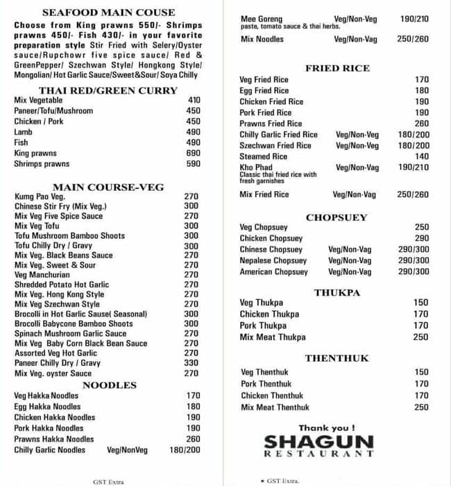 Shagun Restaurant menu