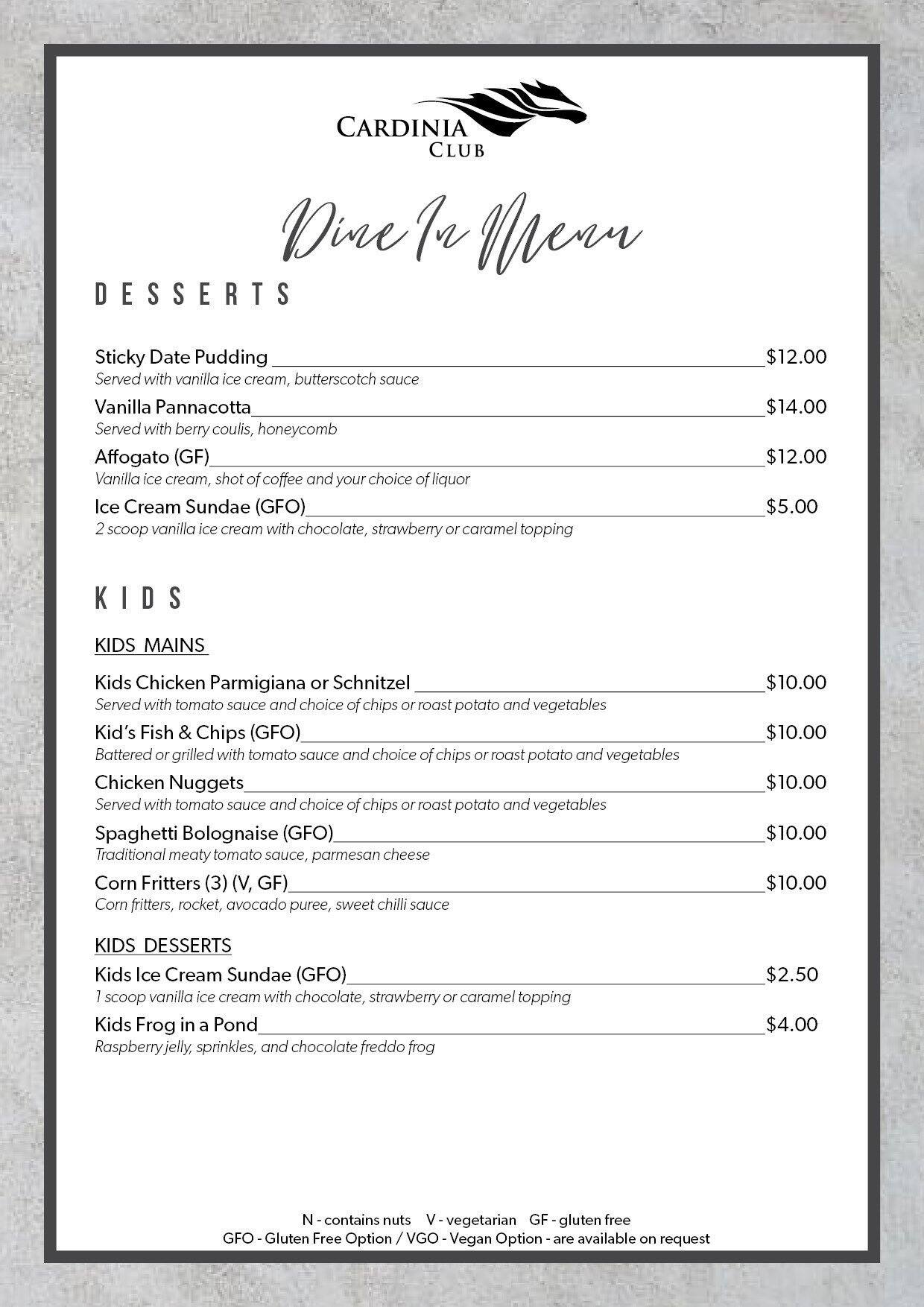 Cardinia Club menu