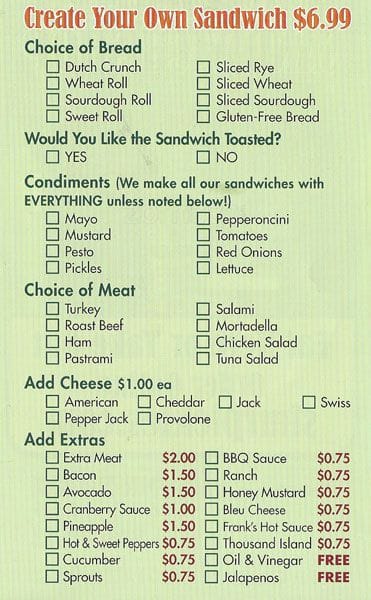 Menu at Mr. Pickle's, San Francisco