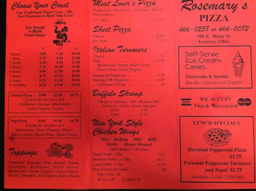 Menu at Rosemary's Pizza pizzeria, Geneva