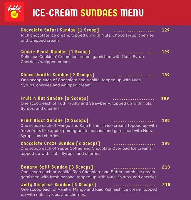 Menu of Vadilal Ice Creams, Sector 22, Faridabad