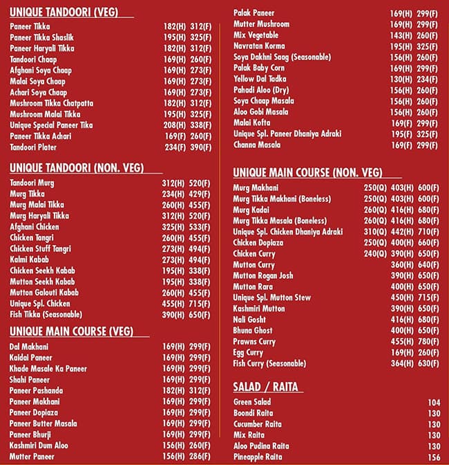 Menu of The Unique Restaurant, Sector 88, Faridabad