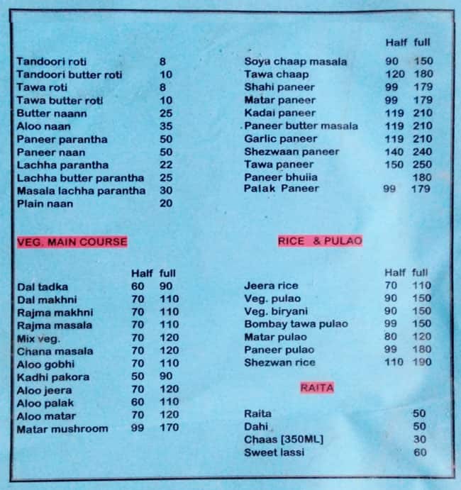 Chander Dhaba menu