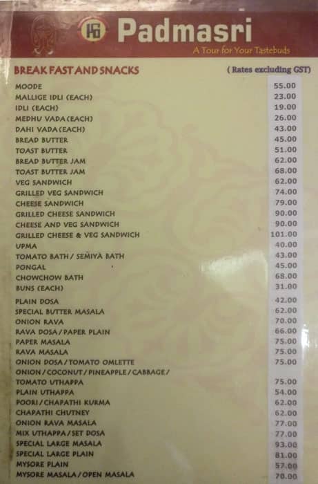 Padmashree Deluxe Restaurant menu