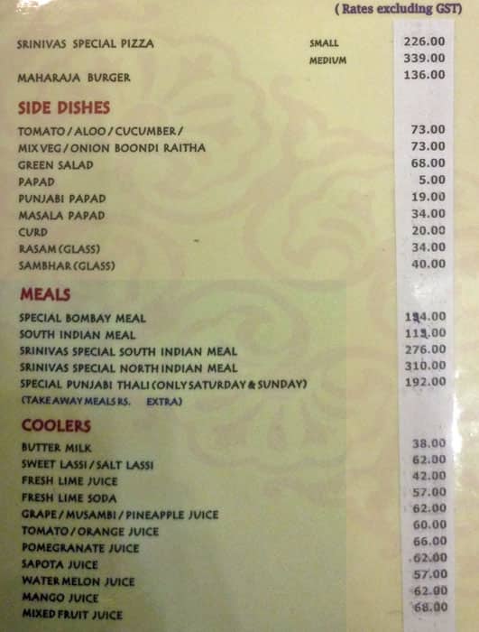 Padmashree Deluxe Restaurant menu