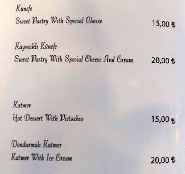 Menu at Rumeli Kale Cafe, Istanbul, Yahya Kemal caddesi. 10