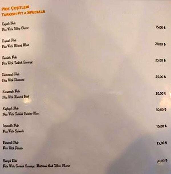 Menu at Rumeli Kale Cafe, Istanbul, Yahya Kemal caddesi. 10