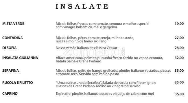 Serafina cardápio