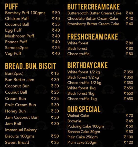 Immanuel Bakery menu