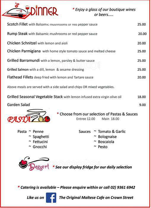 Menu at The Original Maltese Cafe, Darlinghurst