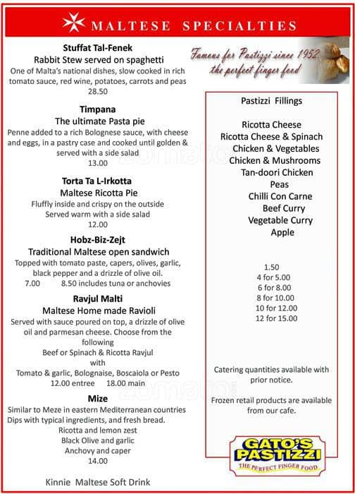 Menu at The Original Maltese Cafe, Darlinghurst