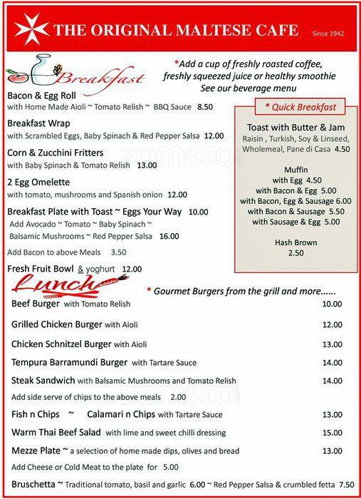 Menu at The Original Maltese Cafe, Darlinghurst