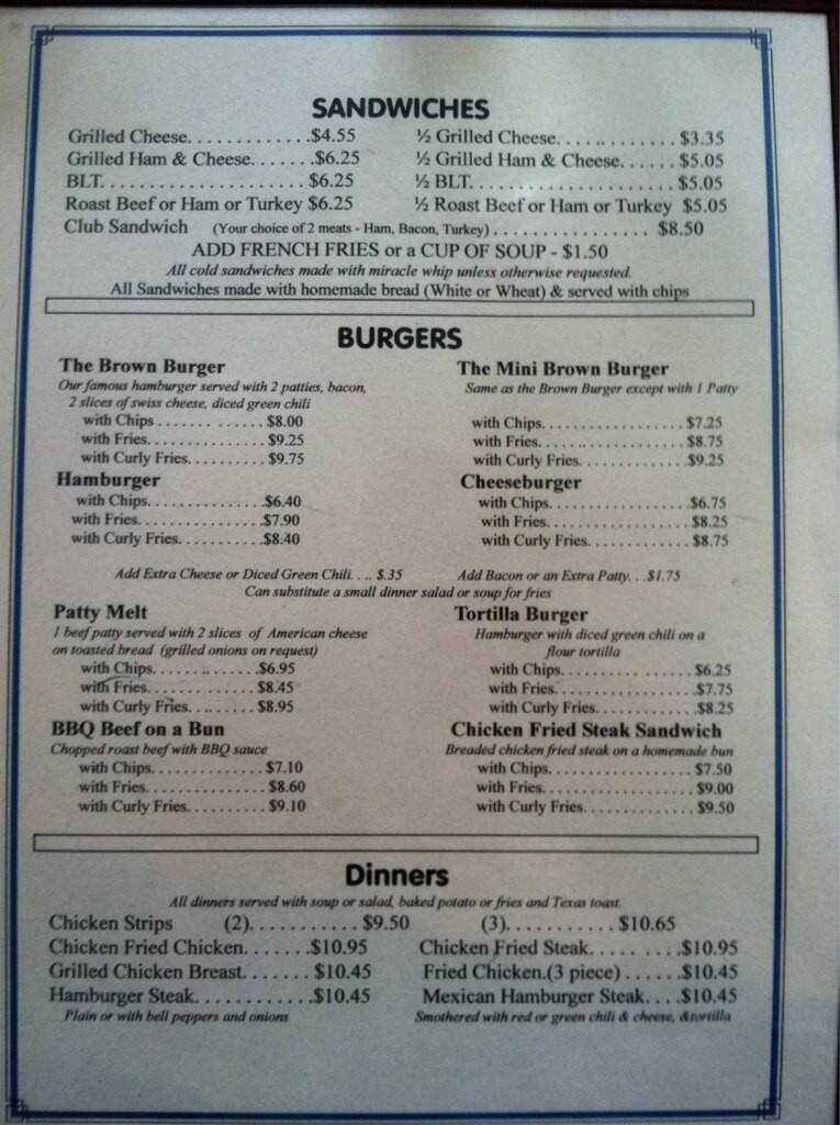 Menu at Brown Hotel & Cafe, Springer