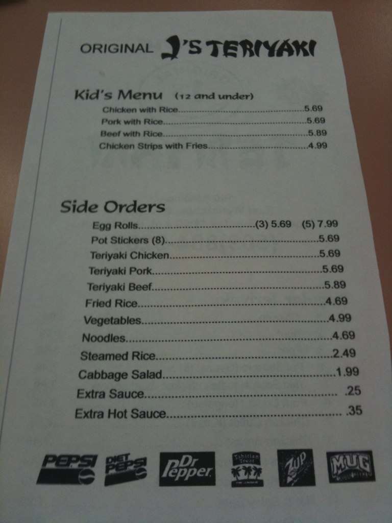 Menu at Original J's Teriyaki restaurant, East Wenatchee
