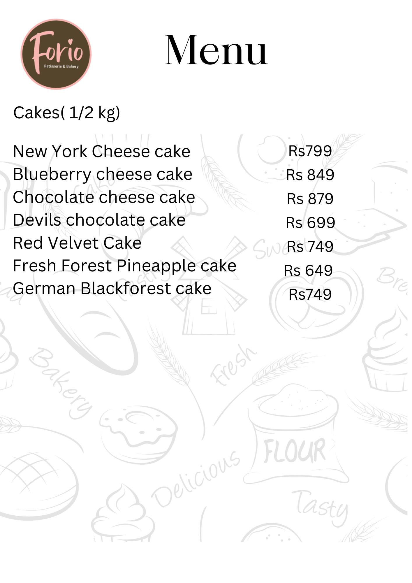 Menu of Forio Bakers, Sector 41, Noida