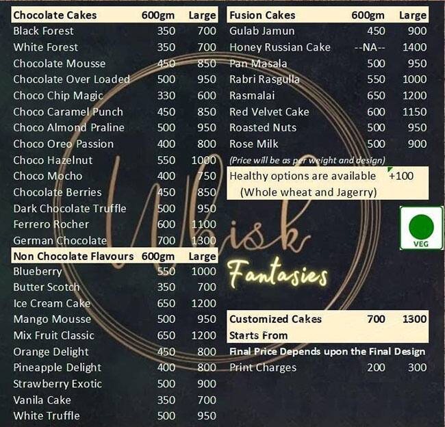 Menu of Whisk Fantasies, Vikhroli, Mumbai