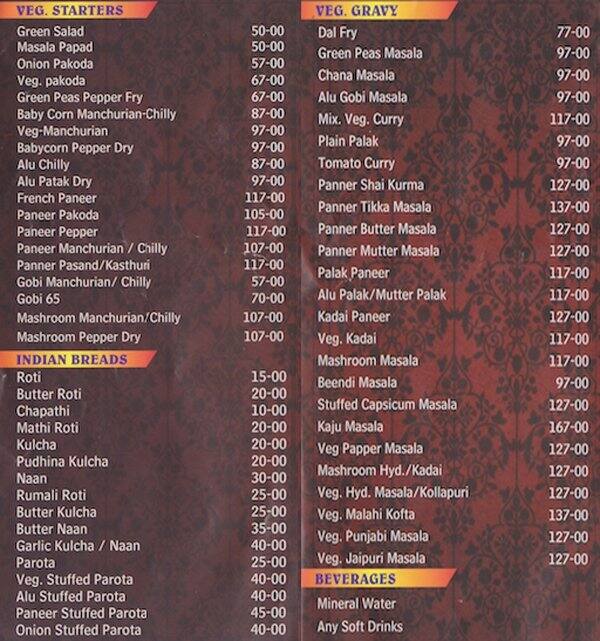 Hotel shivas kabab corner menu