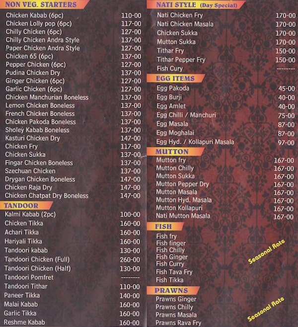 Hotel shivas kabab corner menu