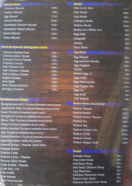 KARAVALI KOLIMANE (seafood , Tandoori, Chinese n Indian FAMILY Resto) menu