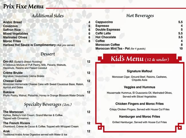 Menu de The Sultan's Tent and Cafe Moroc