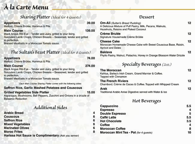 Menu de The Sultan's Tent and Cafe Moroc