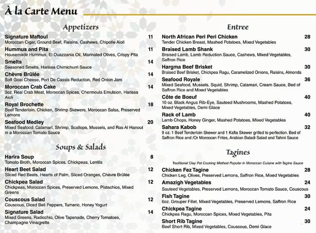 Menu de The Sultan's Tent and Cafe Moroc