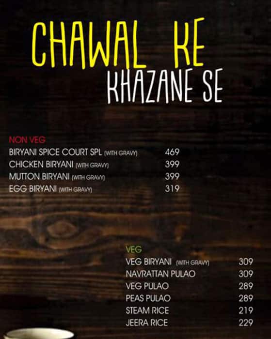 Spice Court Restaurant & Bar menu