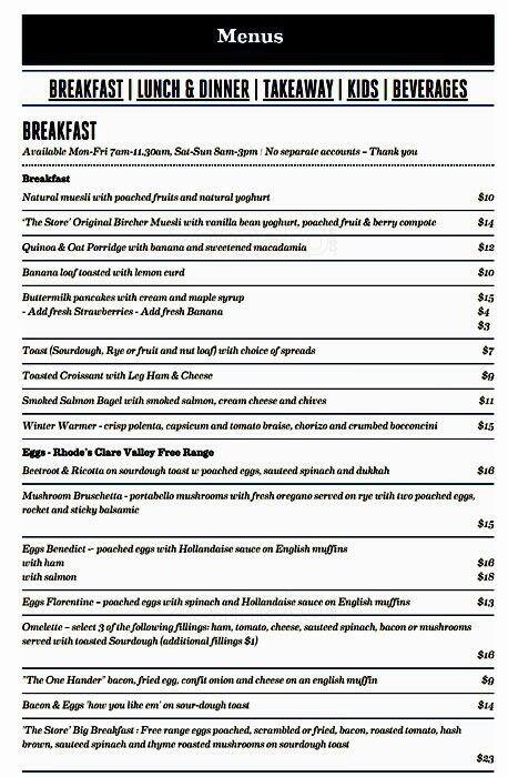 The Store Menu, Menu for The Store, North Adelaide, Adelaide ...