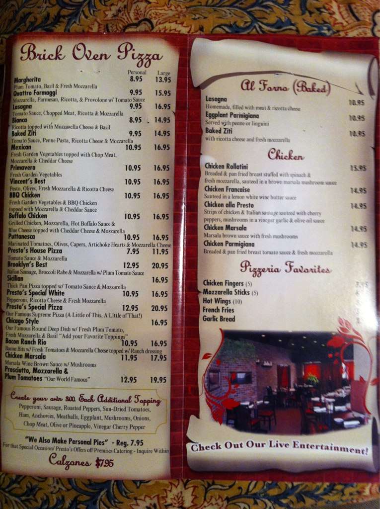 Presto's Brick Oven Pizza & Pasta Menu Urbanspoon/Zomato