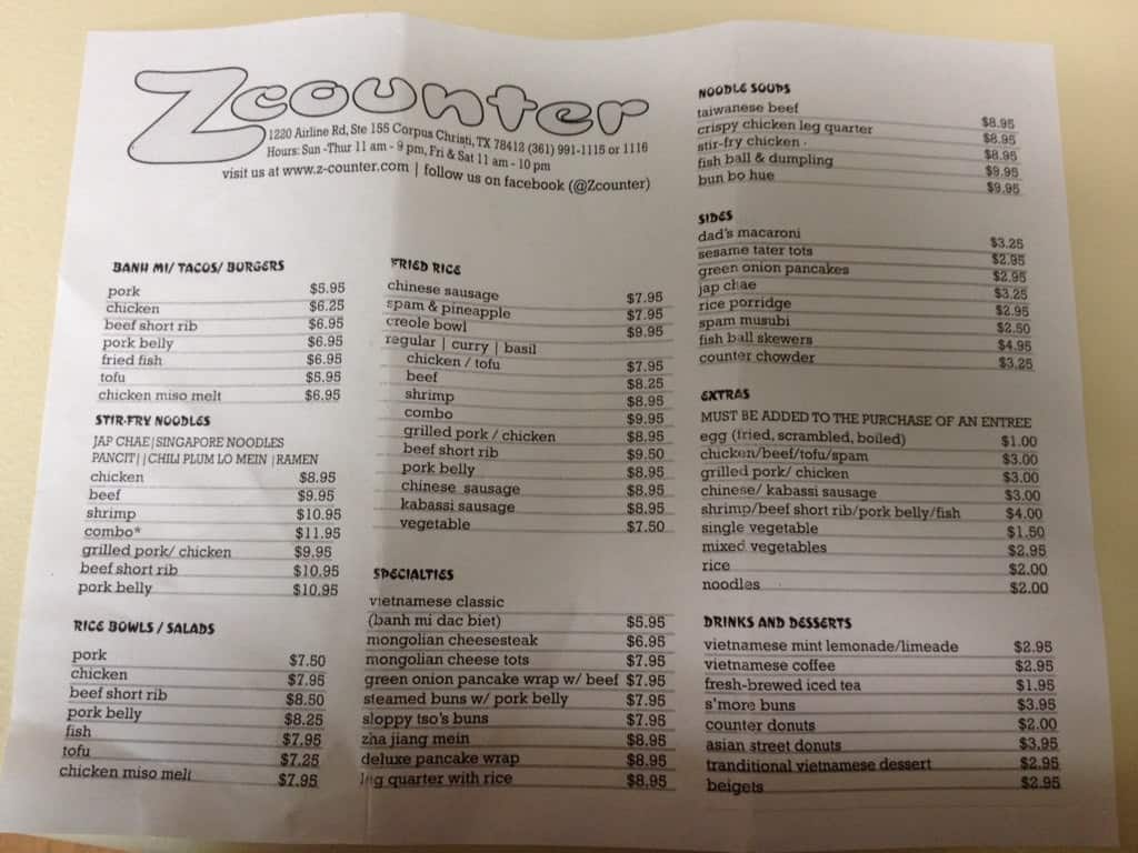 Z Counter menu, Menu restauracji Z Counter, Corpus Christi, Corpus
