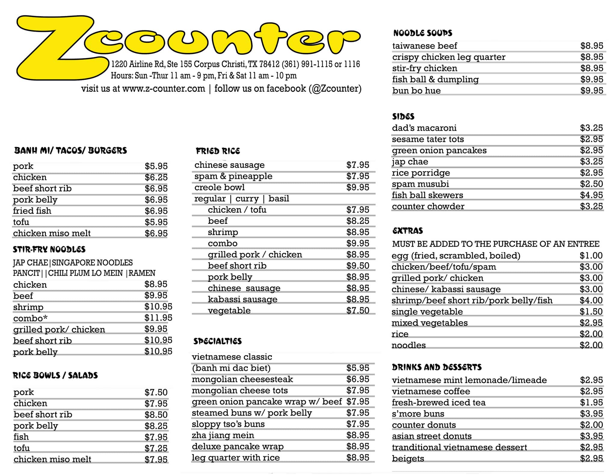 Menu at Z Counter CORPUS CHRISTI restaurant, Corpus Christi