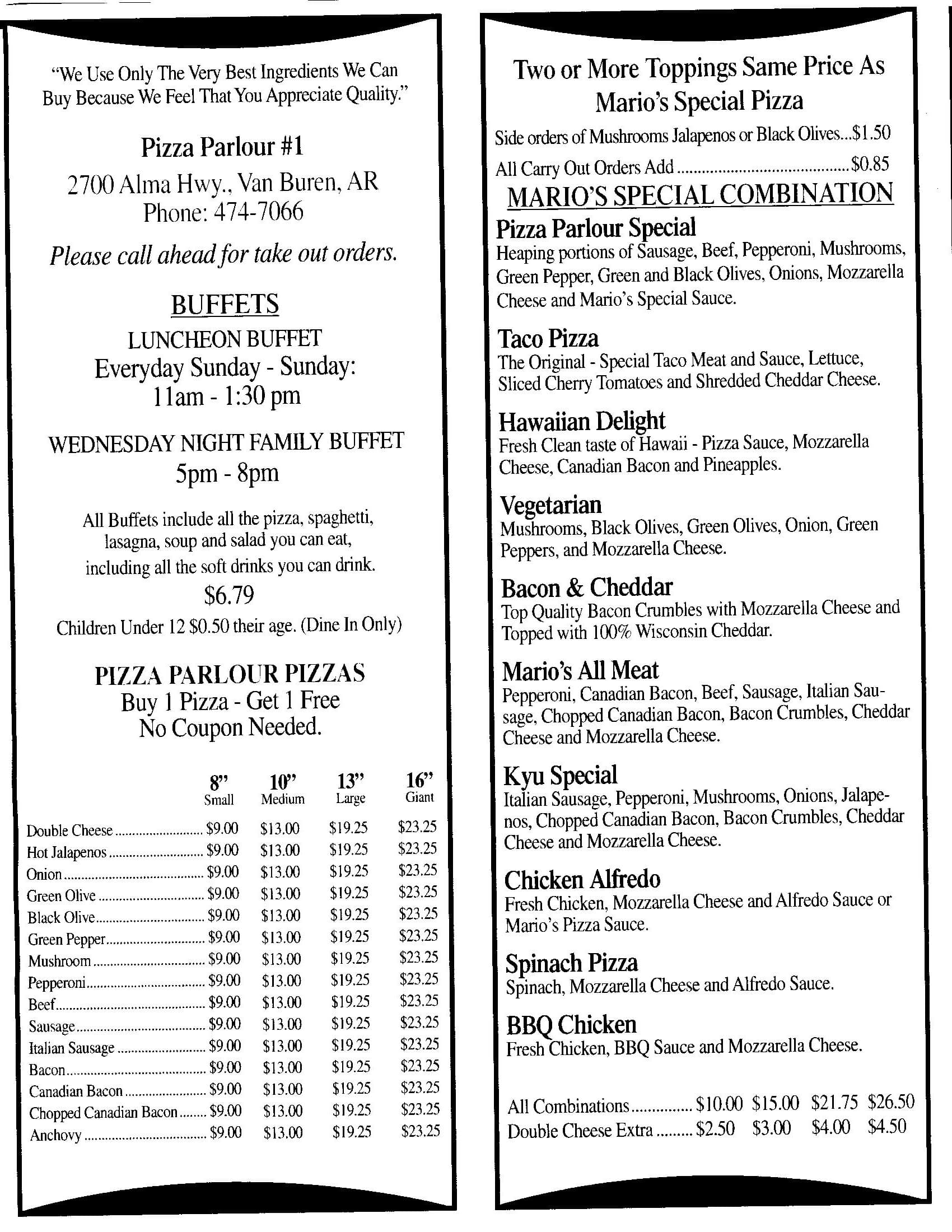 Pizza Parlour menu, Menu restauracji Pizza Parlour, Van Buren, Fort