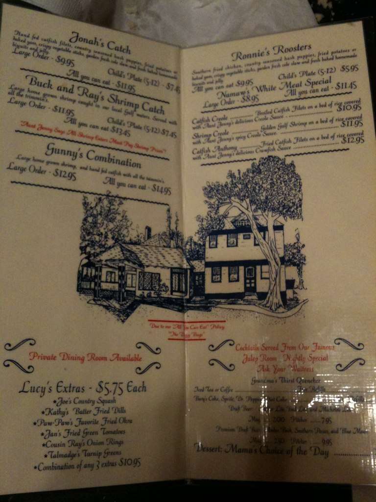 Menu at Aunt Jenny's Catfish Restaurant, Ocean Springs